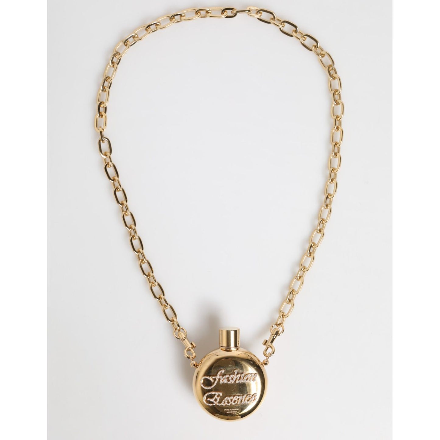 Dolce & Gabbana Gold Brass Rhinestone Devotion Charm Pendant Necklace with chain and round pendant.