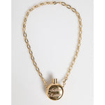 Dolce & Gabbana Gold Brass Rhinestone Devotion Charm Pendant Necklace with chain and round pendant.