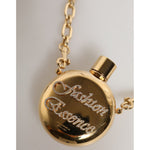 Dolce & Gabbana Gold Brass Rhinestone Devotion Charm Pendant Necklace with engraved text "Fashion Excess."
