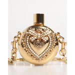 Dolce & Gabbana Gold Brass Rhinestone Devotion Charm Pendant Necklace with logo and intricate heart design on white background.