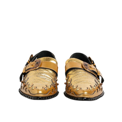 Dolce & Gabbana Gold Leather MONK STRAP Dress Formal Shoes front view showcasing luxurious design.