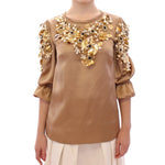 Dolce & Gabbana Gold SPECIAL Piece Runway Crystal Blouse with Sicily charms and pearls, 3/4 sleeve, made in Italy.