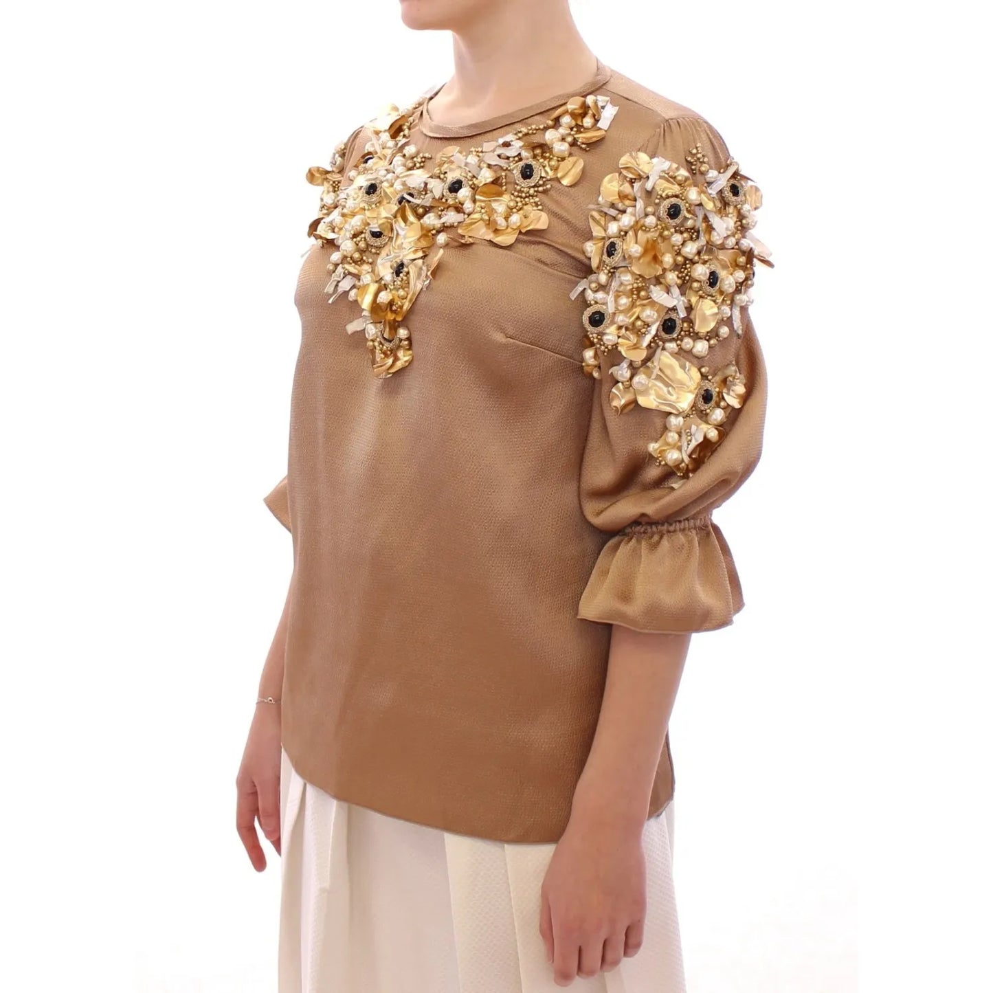 Dolce & Gabbana Gold SPECIAL Piece Runway Crystal Blouse with decorative charms and pearls, 3/4 sleeve, side view, new with tags.