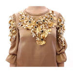 Dolce & Gabbana Gold SPECIAL Piece Runway Crystal Blouse with pearl and crystal embellishments, 3/4 sleeves, and crewneck design.