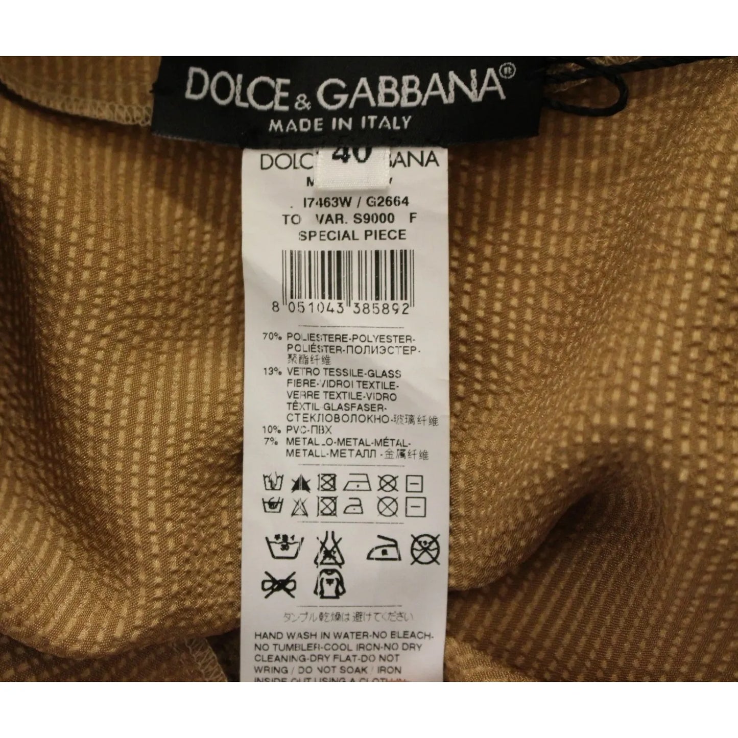 Dolce & Gabbana Gold SPECIAL Piece Runway Crystal Blouse label with care instructions and materials