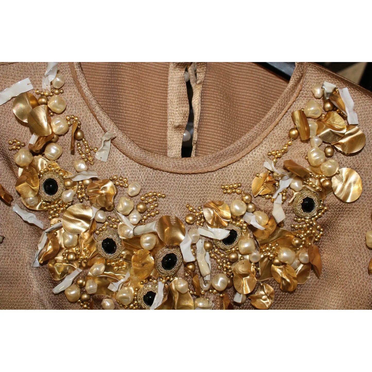 Dolce & Gabbana Gold SPECIAL Piece Runway Crystal Blouse with pearl and crystal embellishments, close-up of neckline design.
