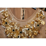 Dolce & Gabbana Gold SPECIAL Piece Runway Crystal Blouse with pearl and crystal embellishments, close-up of neckline design.