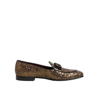 Dolce & Gabbana Gold Sequined Slip On Loafers Men Dress Shoes with shimmering gold sequins and a sleek silhouette.
