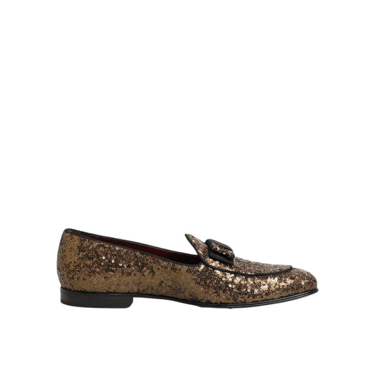 Dolce & Gabbana Gold Sequined Slip On Loafers Men Dress Shoes with shimmering gold sequins and a sleek silhouette.