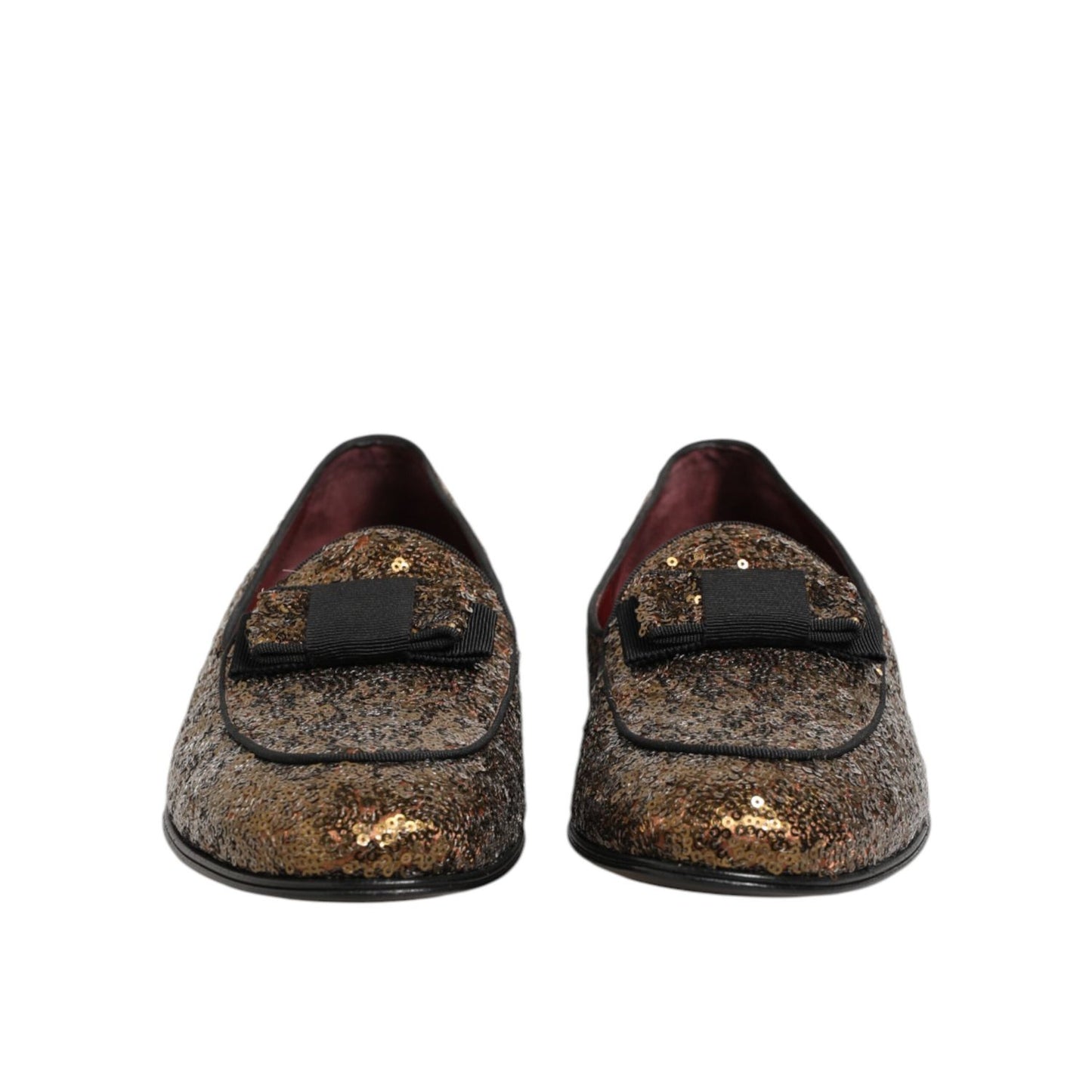 Front view of Dolce & Gabbana Gold Sequined Slip On Loafers Men Dress Shoes, adorned with shimmering sequins for elegant occasions.
