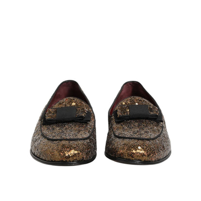 Front view of Dolce & Gabbana Gold Sequined Slip On Loafers Men Dress Shoes, adorned with shimmering sequins for elegant occasions.