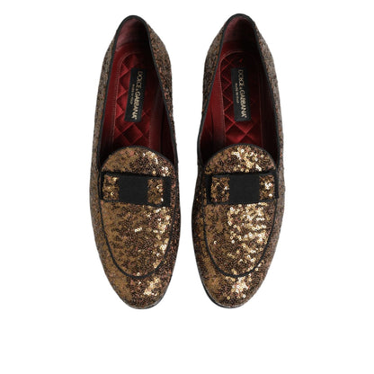 Dolce & Gabbana Gold Sequined Slip On Loafers Men Dress Shoes, top view of sparkling luxury footwear.