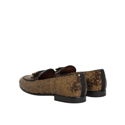Dolce & Gabbana Gold Sequined Slip On Loafers Men Dress Shoes featuring a glamorous back view with shimmering details, perfect for elegant events.