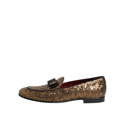 Dolce & Gabbana Gold Sequined Slip On Loafers Men Dress Shoes, perfect for formal events and stylish occasions.