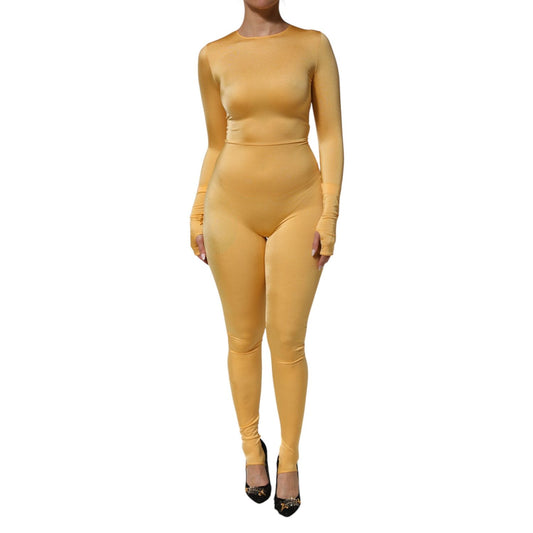 Dolce & Gabbana Gold Yellow Stretch Long Sleeve Bodysuit Dress, elegant Italian design, body-hugging fit, model showcasing jumpsuit.