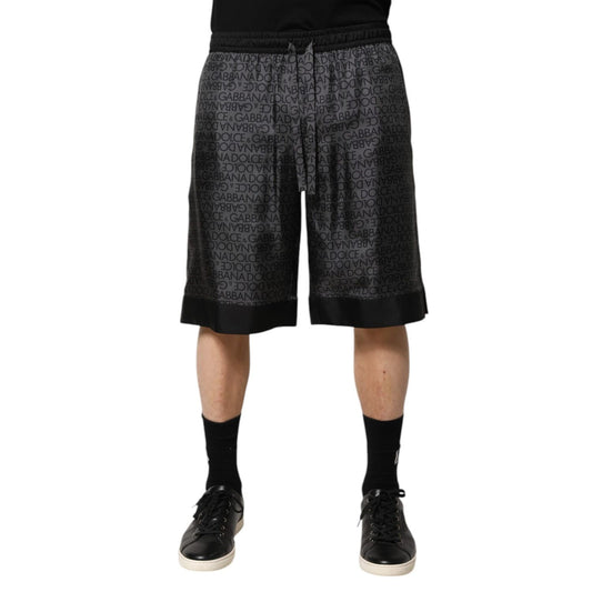 Dolce & Gabbana Gray Black Silk DG Logo Men Bermuda Shorts