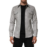 Dolce & Gabbana Gray Coated Cotton Snap Button Logo Men Shirt in metallic finish with front flap pockets.