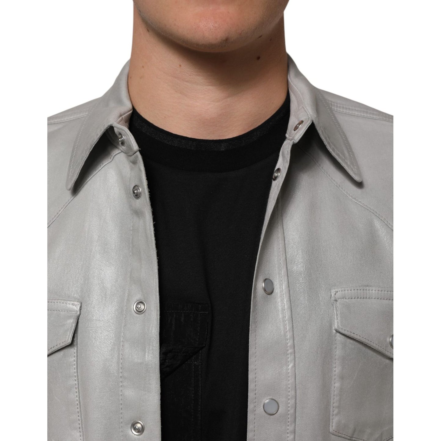 Dolce & Gabbana Gray Coated Cotton Snap Button Logo Men Shirt with metallic finish and front flap pockets, worn by model