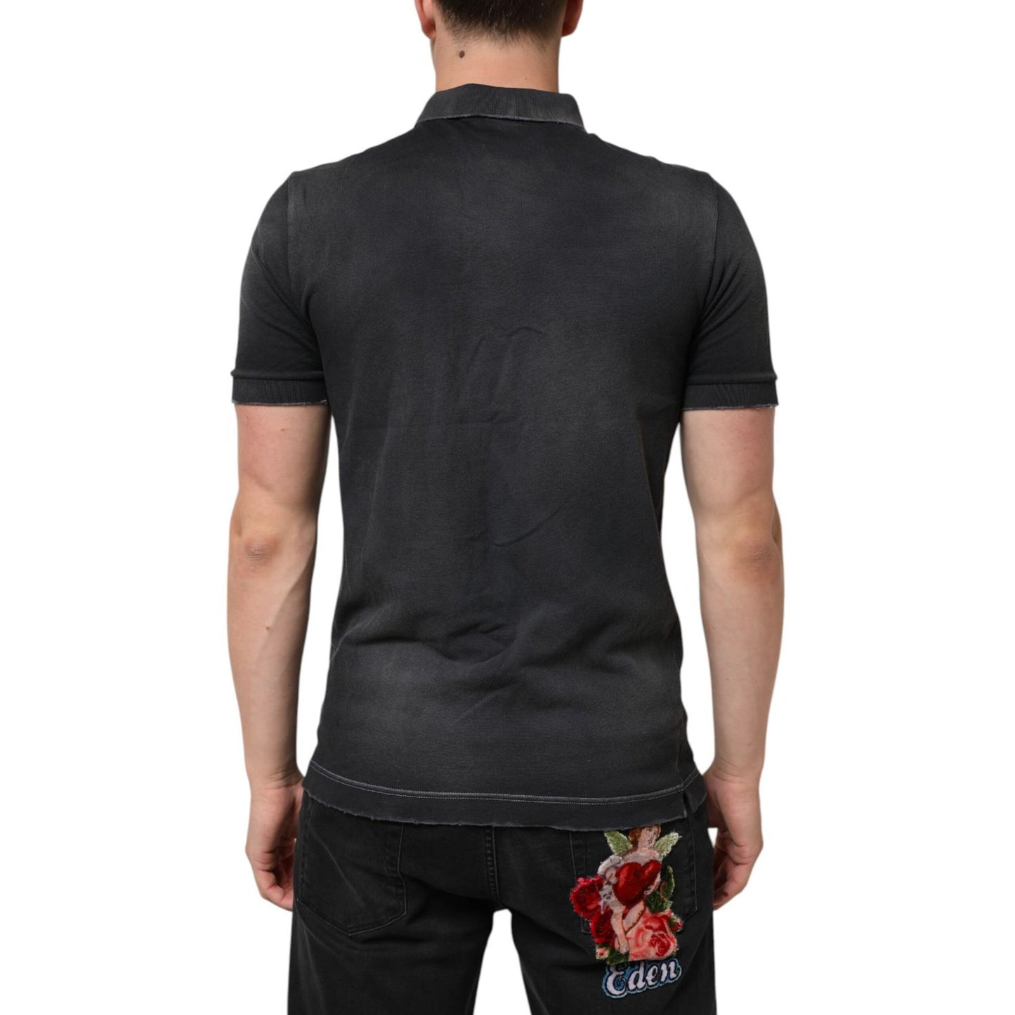 Dolce & Gabbana Gray Cotton Crown Collared Men Polo T-shirt shown from back, featuring crown embroidery, regular fit, luxury style.
