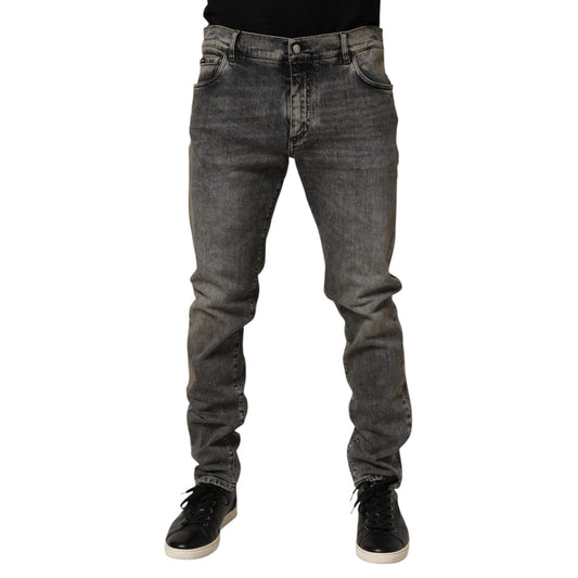 Dolce & Gabbana Gray Cotton Stretch Slim Fit Men Denim Jeans showcasing sleek modern silhouette and classic five-pocket style.