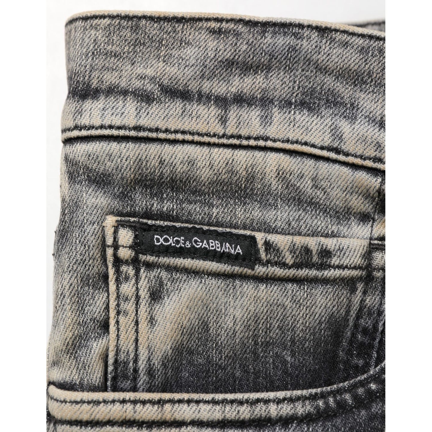 Dolce & Gabbana Gray Cotton Stretch Slim Fit Men Denim Jeans close-up showing texture and pocket detailing.