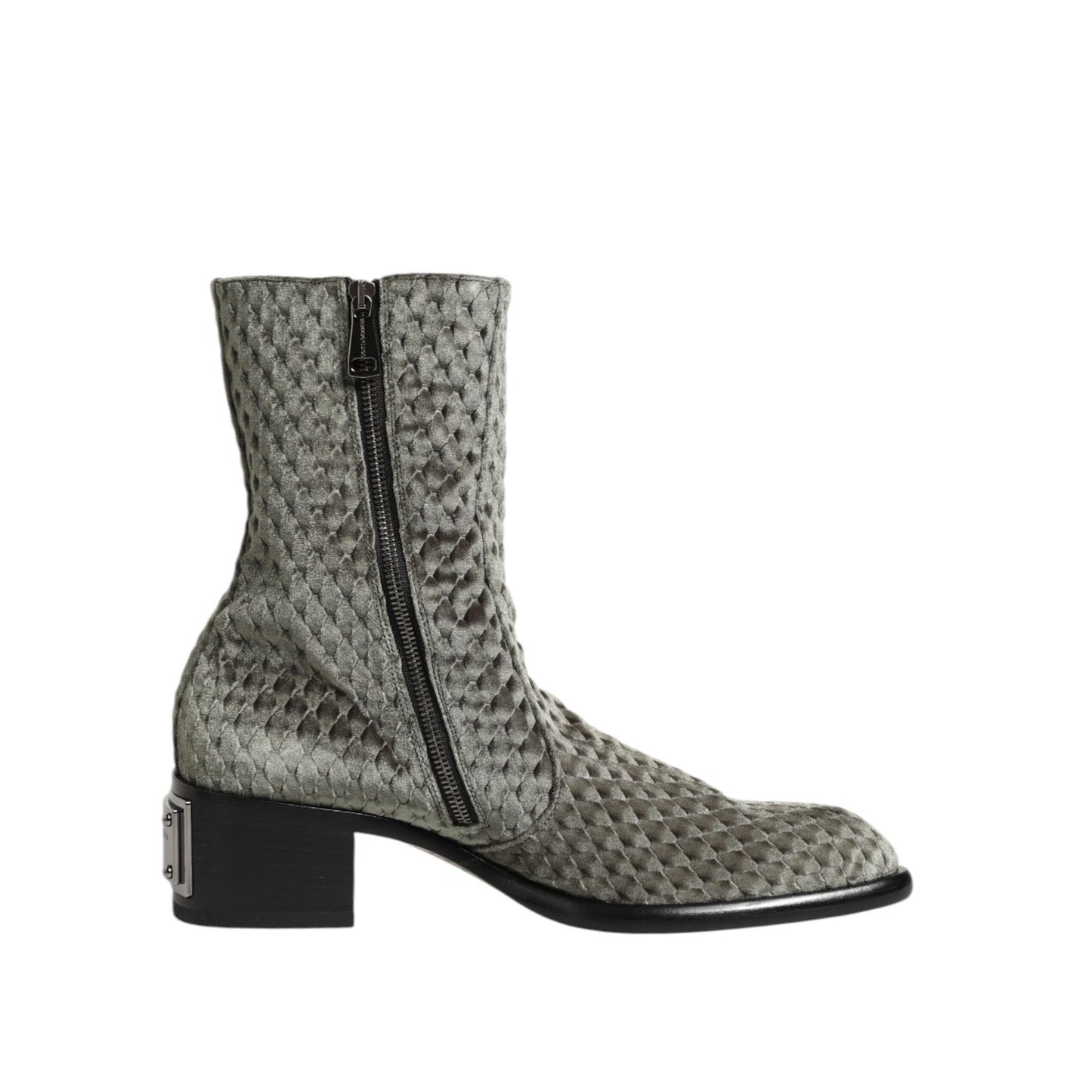 Dolce & Gabbana Gray Cotton Velvet Mid Calf Short Boots Shoes featuring plush texture and sleek design.