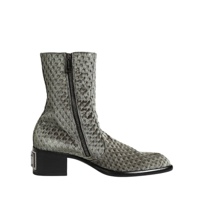 Dolce & Gabbana Gray Cotton Velvet Mid Calf Short Boots Shoes featuring plush texture and sleek design.