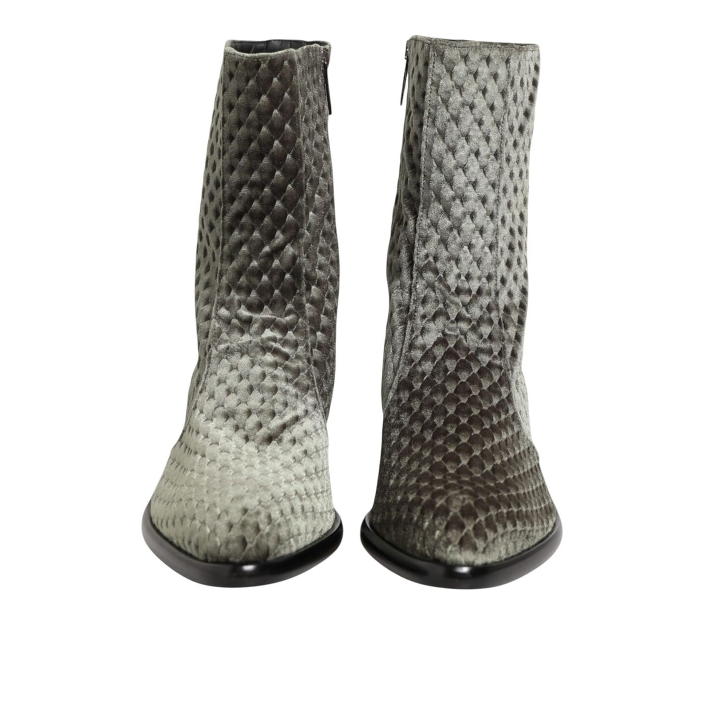 Dolce & Gabbana Gray Cotton Velvet Mid Calf Short Boots Shoes front view showing plush texture and sophisticated design.