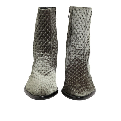 Dolce & Gabbana Gray Cotton Velvet Mid Calf Short Boots Shoes front view showing plush texture and sophisticated design.