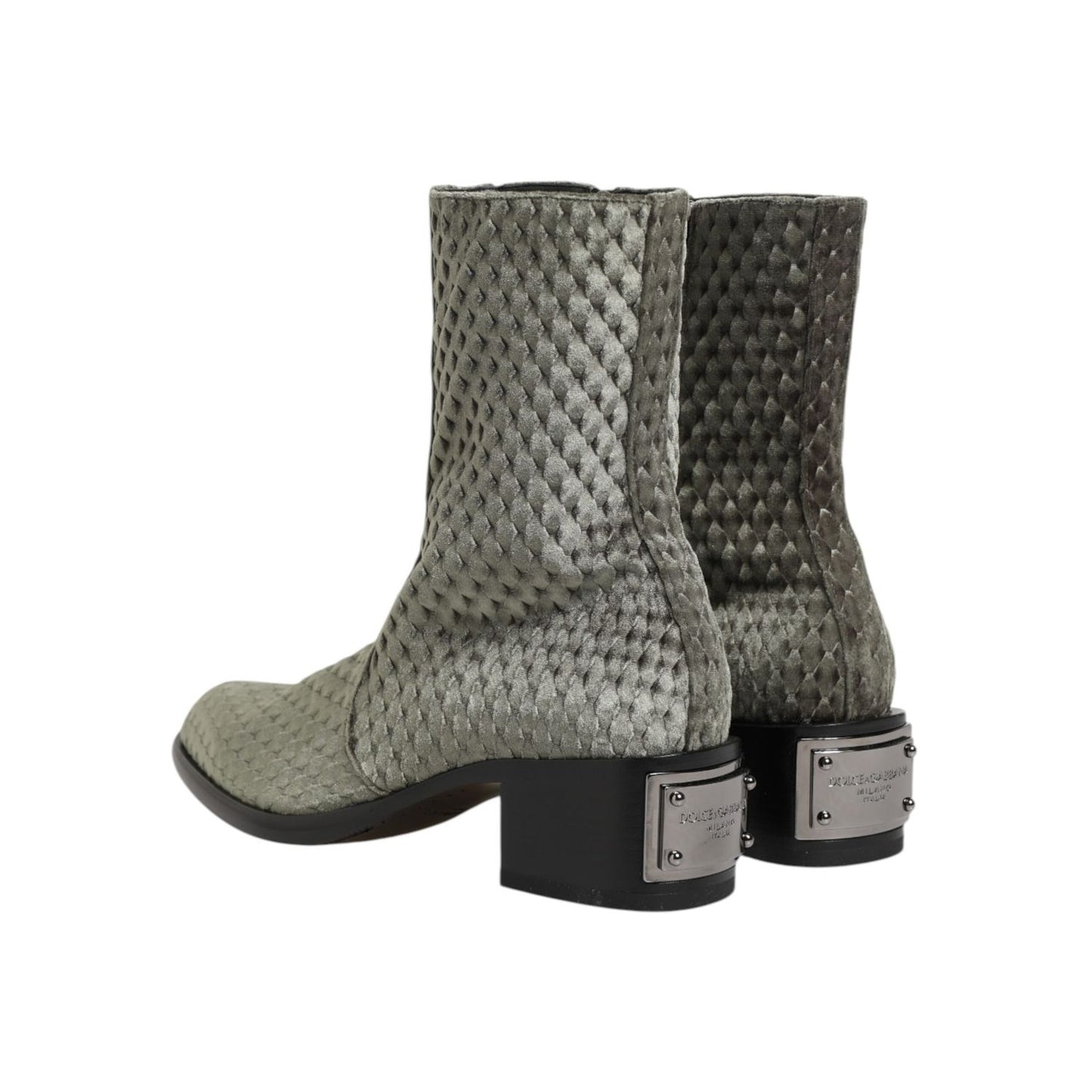 Dolce & Gabbana Gray Cotton Velvet Mid Calf Short Boots Shoes, back view showcasing textured design and stylish metal detail.