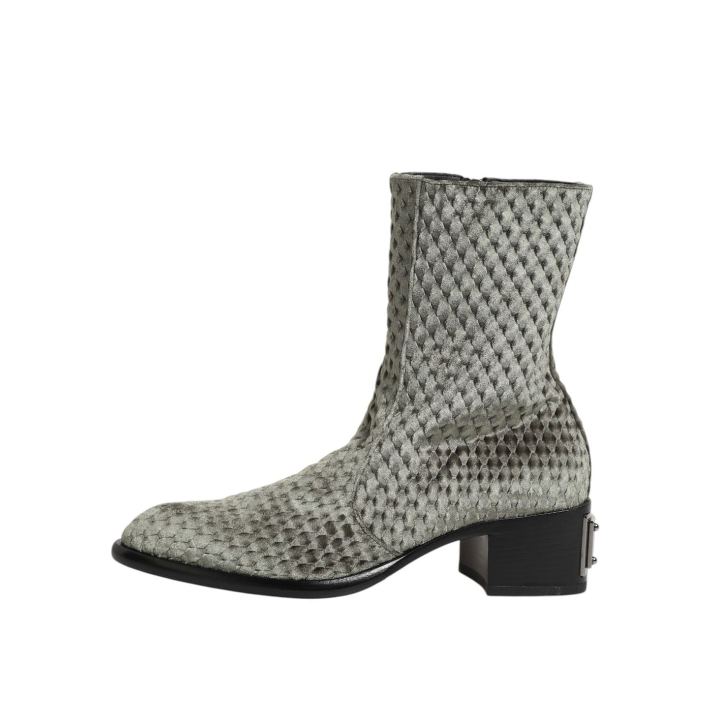 Dolce & Gabbana Gray Cotton Velvet Mid Calf Short Boots Shoes, elegant and plush with quilted texture, ideal for chic cold-weather styling.