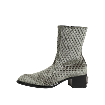 Dolce & Gabbana Gray Cotton Velvet Mid Calf Short Boots Shoes, elegant and plush with quilted texture, ideal for chic cold-weather styling.