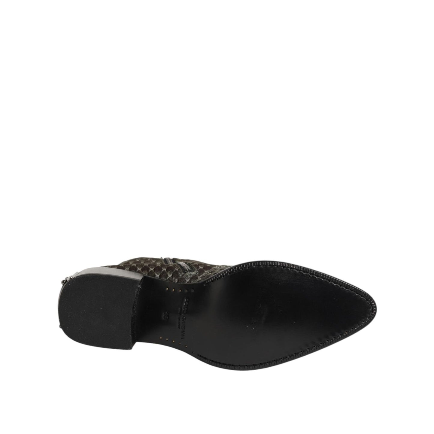 Sole view of Dolce & Gabbana Gray Cotton Velvet Mid Calf Short Boots Shoes showcasing craftsmanship and quality details.