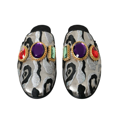Dolce & Gabbana Gray Jacquard Crystal Mule Flat Sandals Shoes