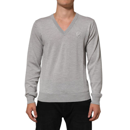Dolce & Gabbana Gray Wool Knit Logo V-Neck Pullover Sweater