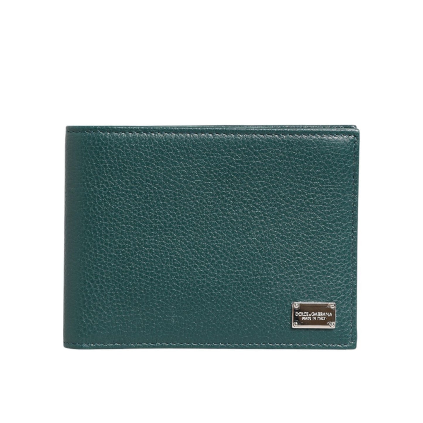 Dolce & Gabbana Green Leather DG Logo Engrave Men Bifold Card Holder Wallet made in Italy, pebbled leather, metal logo plaque.