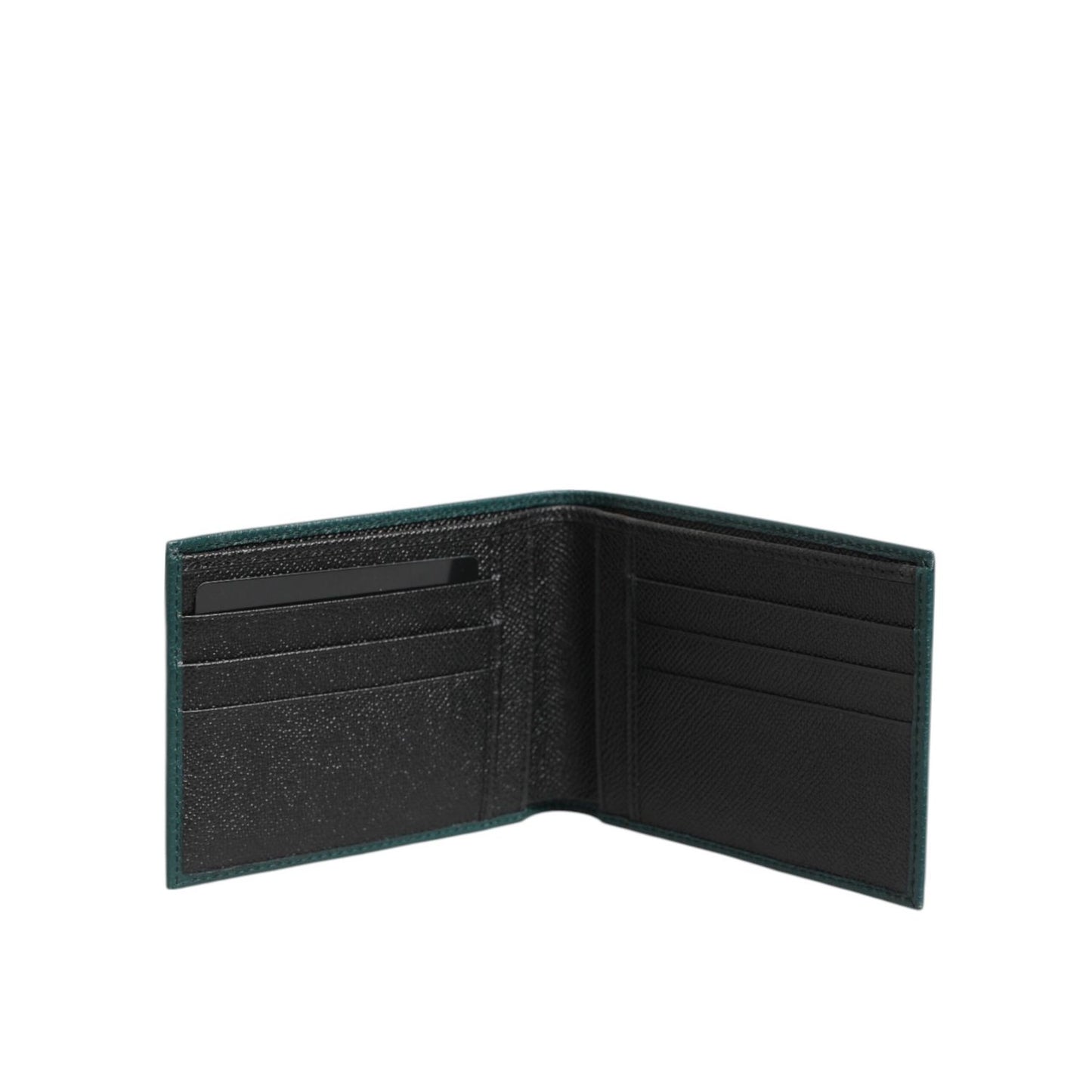 Dolce & Gabbana Green Leather DG Logo Plaque Bifold Men Card Holder Wallet, open view, showing interior compartments of the luxury wallet