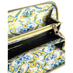 Interior of Dolce & Gabbana Green Leather Logo Plaque Zip Around Continenta Wallet showing floral design and zipper detail.