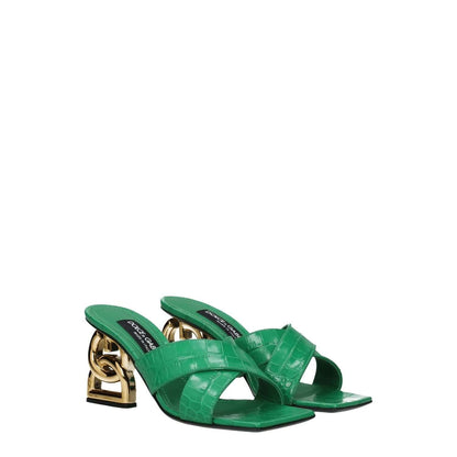 Dolce & Gabbana Green Leather Sandals with gold mid heels and open toe design, featuring side logo, for stylish casual wear.
