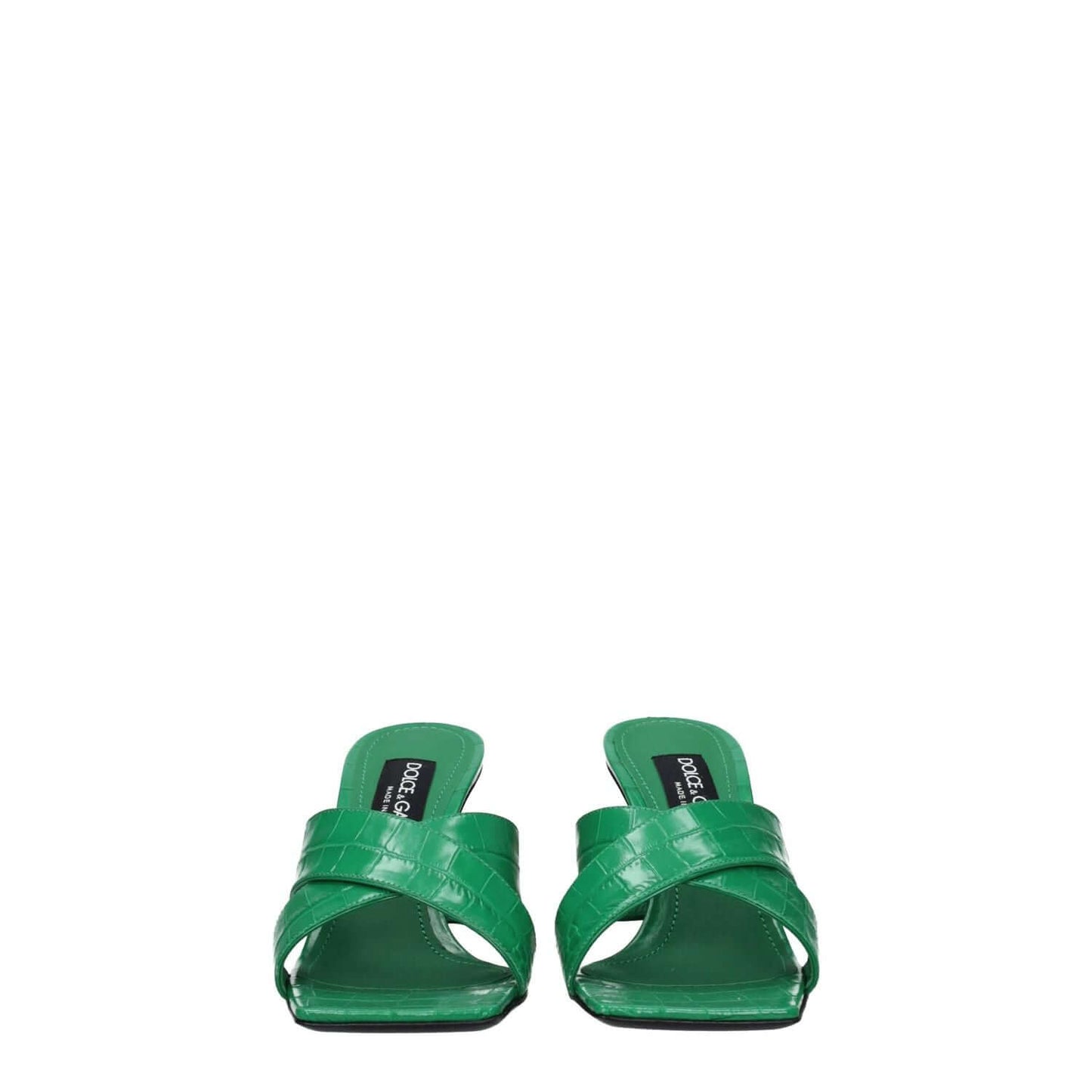 Dolce & Gabbana Green Leather Sandals featuring open toe design with mid heels, leather sole, and side logo print in vibrant green color.