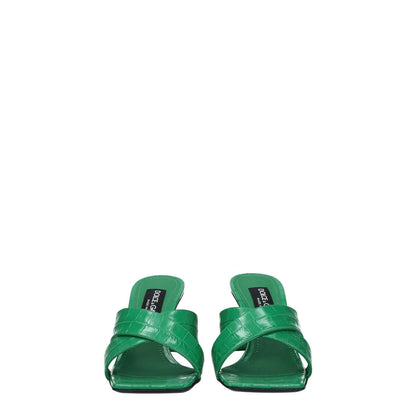 Dolce & Gabbana Green Leather Sandals featuring open toe design with mid heels, leather sole, and side logo print in vibrant green color.