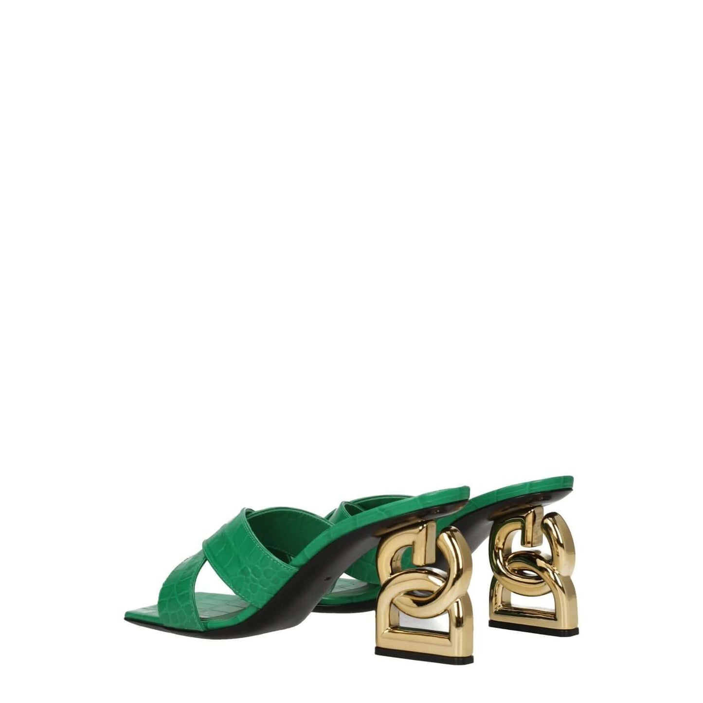 Dolce & Gabbana Green Leather Sandals with gold mid heels and open toe design, featuring a side logo and varying prints.