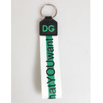 Dolce & Gabbana Green Logo Polyester Silver Brass Holder Keychain Keyring with DG logo on green and white strap.