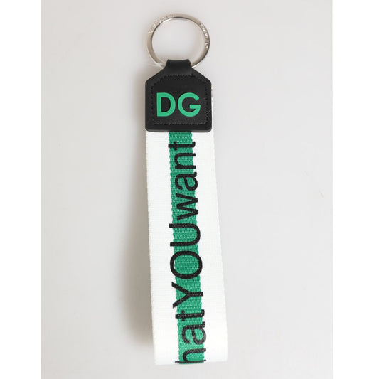Dolce & Gabbana Green Logo Polyester Silver Brass Holder Keychain Keyring with DG logo on green and white strap.