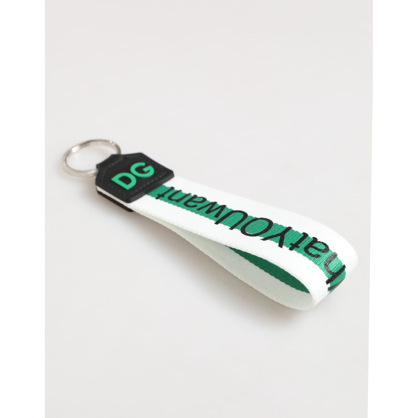 Dolce & Gabbana Green Logo Polyester Silver Brass Holder Keychain Keyring with DG logo on white and green strap.