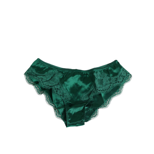 Dolce & Gabbana Green Satin Lace Briefs Women Underwear, floral lace overlay, luxury silk blend, elegant Italian design, logo details.