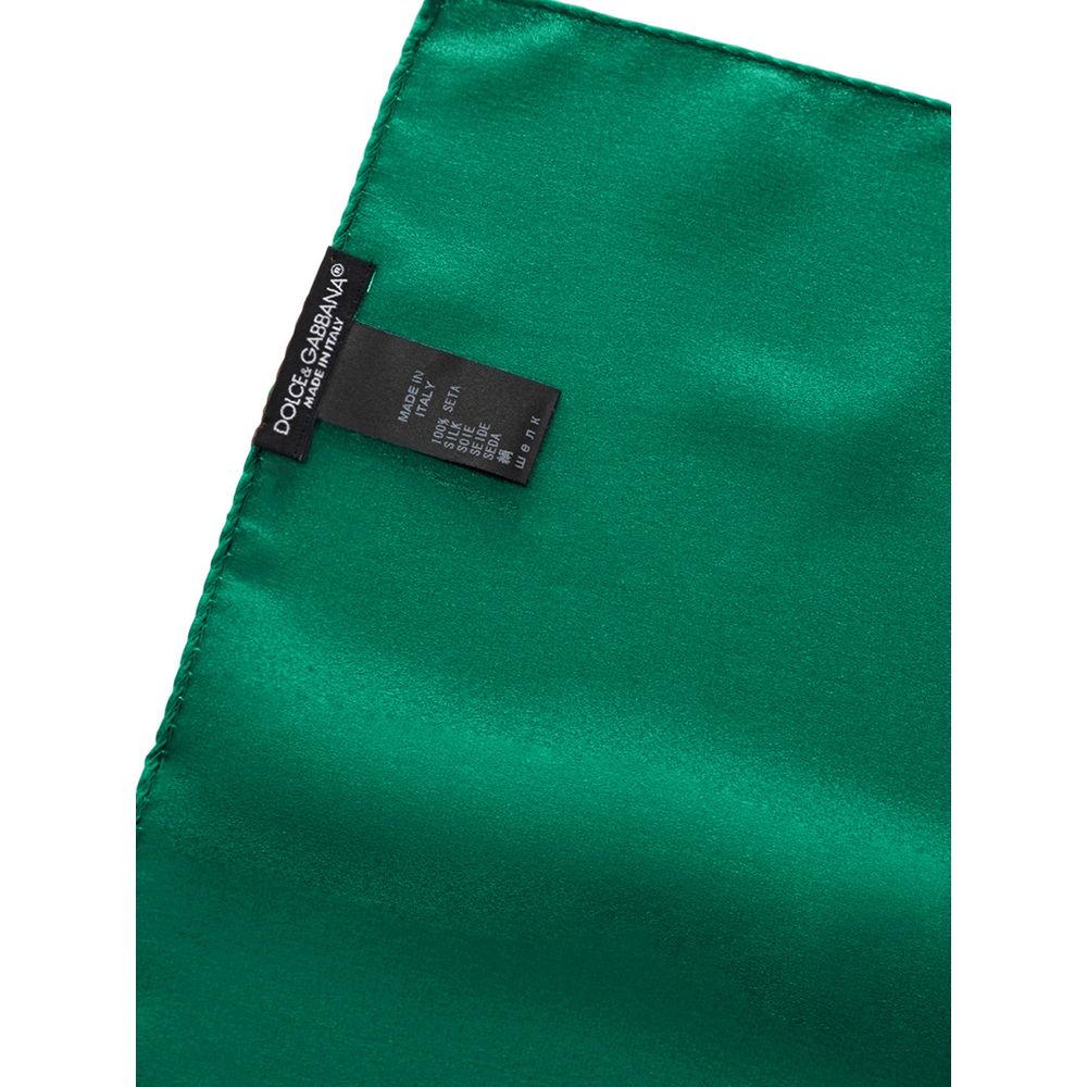 Dolce & Gabbana Green Silk Pocket Square, 32x32 size, 100% silk, showing brand label and stitching details