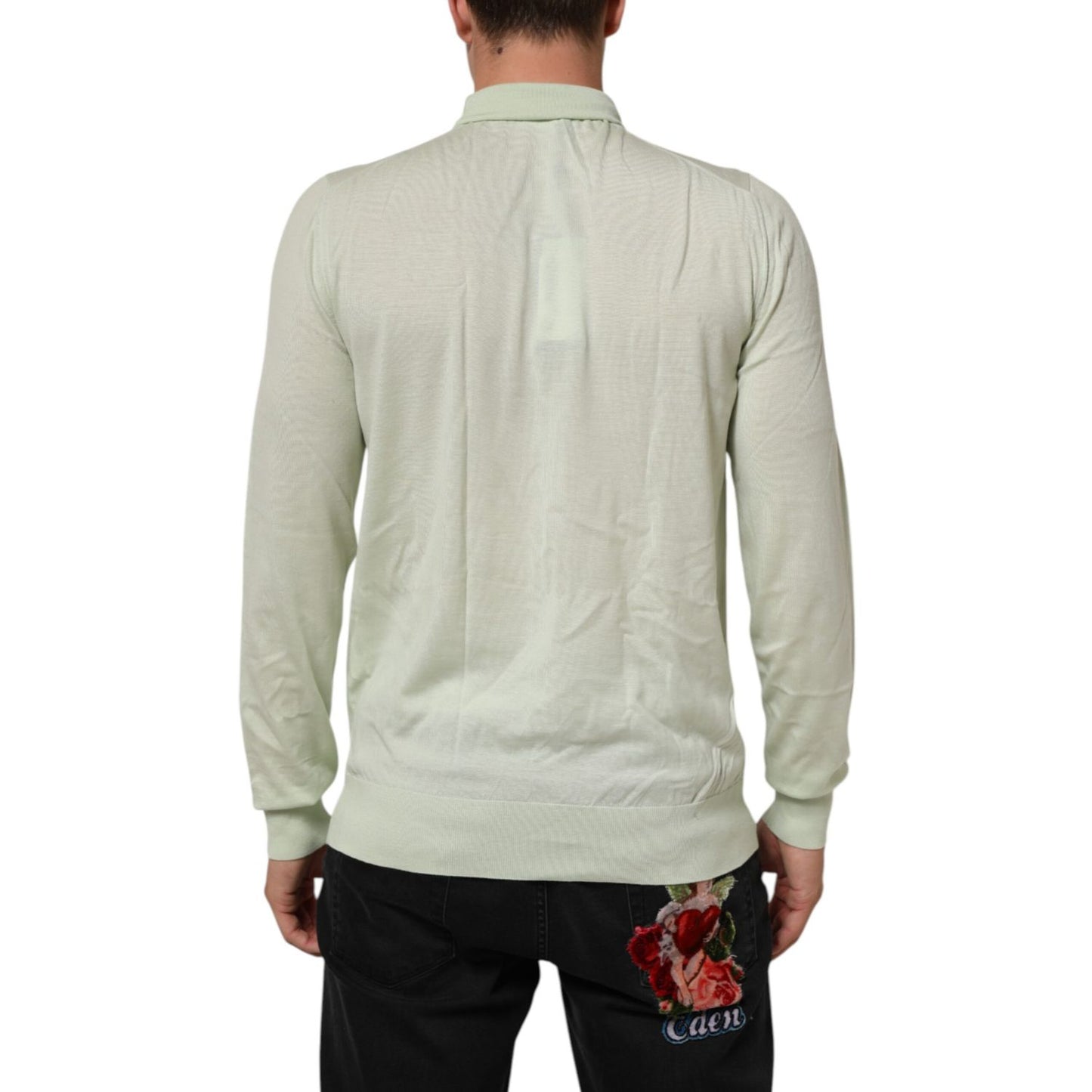 Back view of Dolce & Gabbana Light Green Logo TurtleNeck Pullover Sweater, 100% virgin wool, featuring cozy turtleneck and ribbed hem.