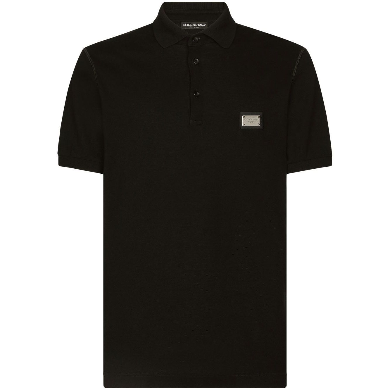 Dolce & Gabbana Logo cotton polo shirt in black, featuring a piqué weave, silver-tone logo plaque, and button placket.