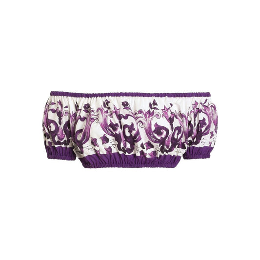 Dolce & Gabbana Maiolica print cotton top, white off-shoulder with purple design, elasticated trim, short sleeves, stylish fashion